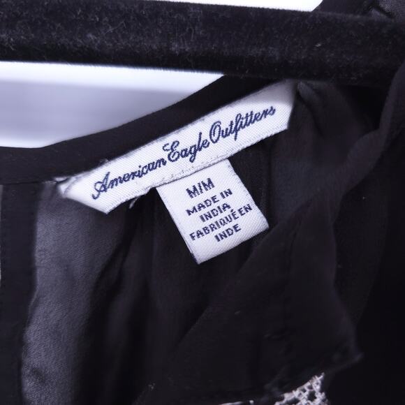 AEO American Eagle Boho Peasant 70s Black Sheer Embroidered Blouse Rope Tassel M - Picture 7 of 13